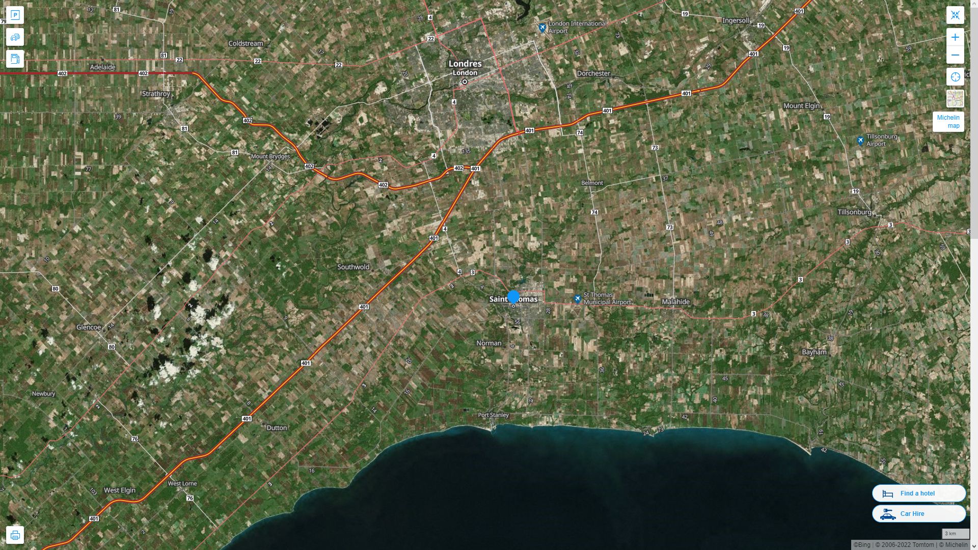 St. Thomas Canada Autoroute et carte routiere avec vue satellite